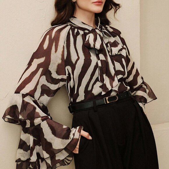 Women's Elegant Raglan Flare Sleeve Round Neck Semi-Sheer zebra print blouse - Picture 6 of 8